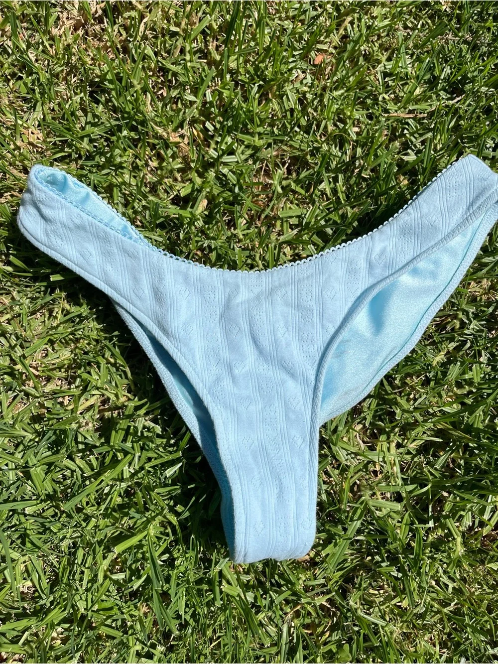 Frankie’s Bikinis Katarina Pointelle Bikini Bottom L Blue Scalloped Trim Cheeky